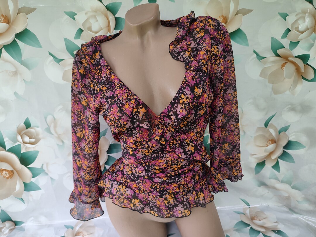 90s Vintage Women's Abstract Ruffle Wrap Blouse Half Sleeve. Size M. - Etsy