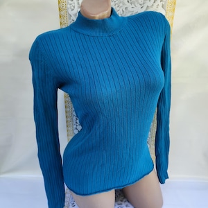 90s Vintage Viscose Women&#39;s Turquoise Ribbed Sweater/Turtleneck Long Sleeve. Size XS-S.