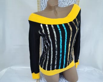 Top vintage de manga larga a rayas negras y amarillas brillantes para mujer, años 90. Talla S.