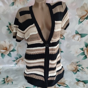 90s Vintage striped cardigan for women with short sleeves. Size M-L.
