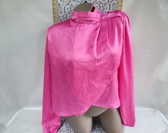 90s Women's Satin Pink Wrap Blouse Long Sleeve. Size M.