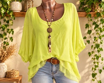 90s Women's Sheer Lime Green Silk Layered Blouse Oversized Summer Festival Top. Sizes M-L.