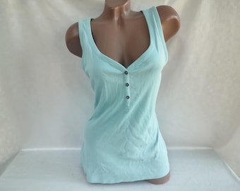 90s Vintage Cotton Womens Light Blue Basic V-neck Tank Top. Size L-XL.