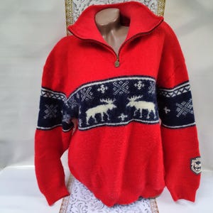 90s Vintage Wool Deer Print Sweater: Geometric Red Pullover, L-XL