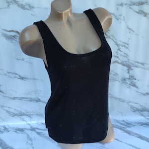 90s Vintage Women&#39;s Black Knitted Tank Top Open Neck. Size M.