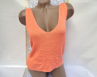 90s Vintage Viscose Women's Orange Ribbed Deep V Tank Top Size L-XL.
