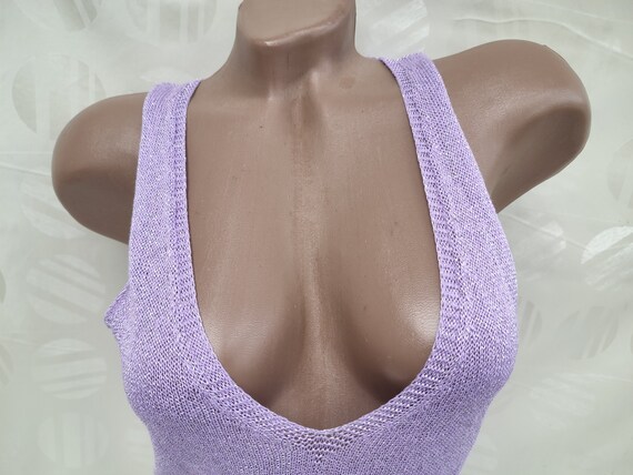 90s Vintage Women's Lilac Shiny Knitted Top/Tank … - image 2