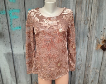 80s Vintage Women's Beige Sequin Blouse/Glitter Long Sleeve Top. Size S-M.