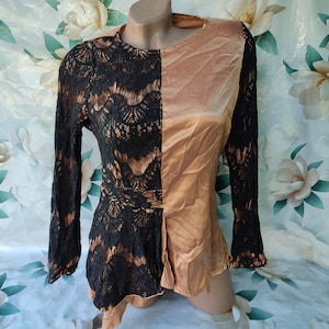 90s Vintage Womens Bronze Black Satin Lace Blouse/Shirt Long Sleeve. Size S.