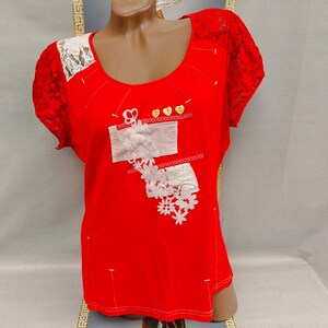 90s Women's Red Lace Top with Short Sleeves. Sizes L-XL.