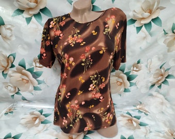 90s Vintage Womens Brown Floral Blouse Boho Short Sleeve. Size M.