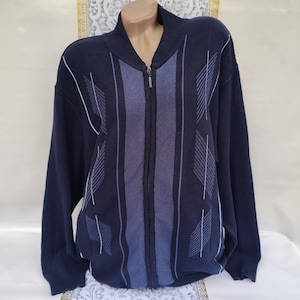90s Vintage Cotton Acrylic Striped Cardigan Zipper Pockets Long Sleeve. Size L-XL.