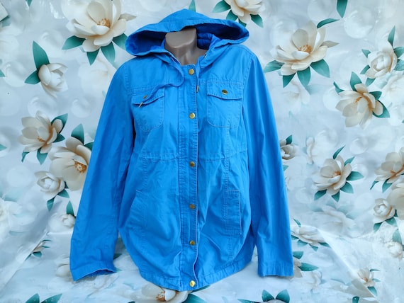 90s Vintage Blue Hooded Windbreaker Jacket: Size M-L