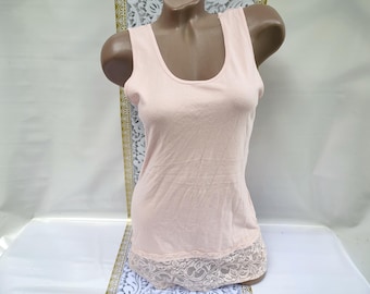 90s Vintage Cotton Women's Pastel Pink Lace Tank Top. Size L.