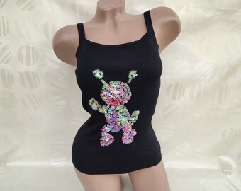 90s Vintage Womens Black Ribbed Tank Top With Sequins. Size S.