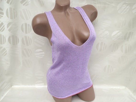 90s Vintage Women's Lilac Shiny Knitted Top/Tank … - image 5