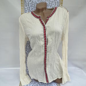 90s Vintage Women&#39;s White National Blouse Embroidery On Border Long Sleeve. Size XL.
