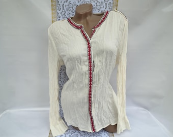 Chemisier national blanc femme vintage des années 90, broderie sur bordure à manches longues. Taille XL.
