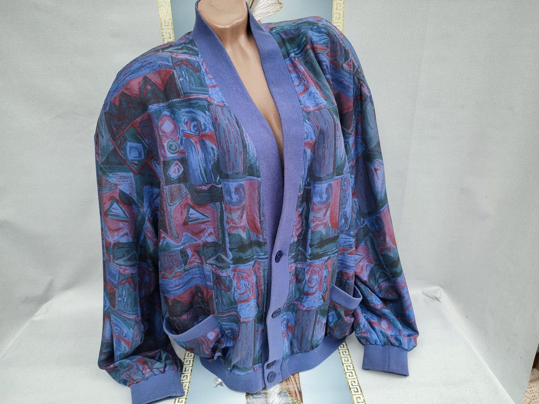 90s Silk Blue Abstract Spring Jacket. Size L-XL. - Etsy