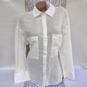 90s Vintage Thin Cotton Women&#39;s White Minimalist Formal Blouse Collar Long Sleeve. Size L-XL.