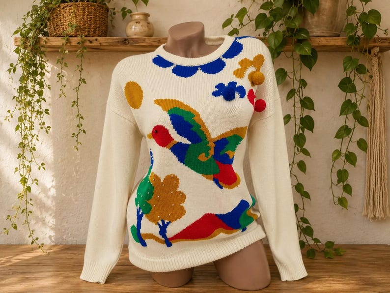 May include: A cream-coloured long-sleeve knit jumper featuring a colourful intarsia design of a flying duck, trees, and a sun. The jumper includes blue scalloped trim at the neckline and three-dimensional pom-poms in yellow, blue, and red.