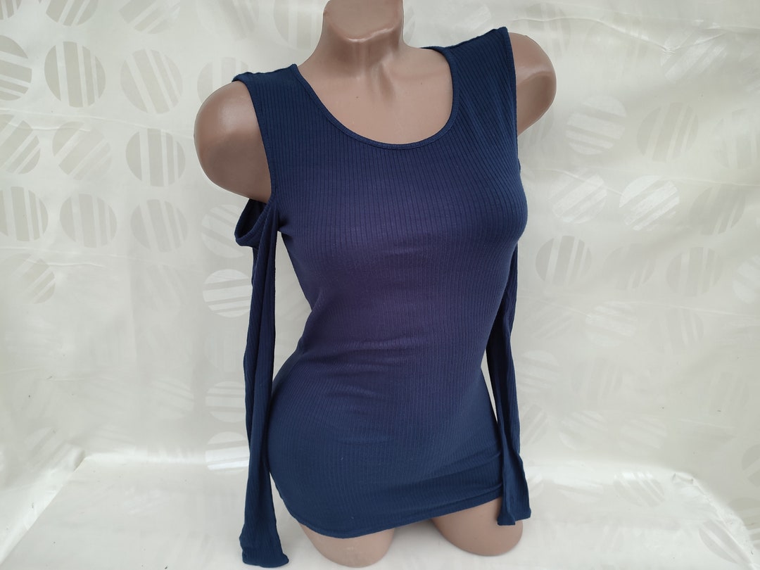 90s Vintage Womens Blue Ribbed Top/tee Cold Shoulder Long Sleeve. Size ...