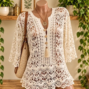 May include: An off-white crochet tunic featuring a V-neckline with four wooden buttons, a decorative tassel, and three-quarter length bell sleeves. The garment is displayed on a mannequin alongside a tan woven shoulder bag with brown straps.