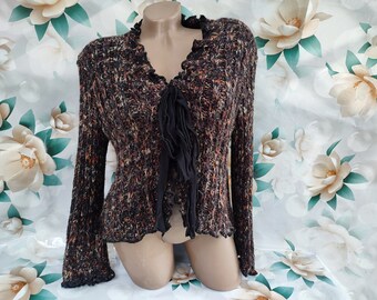 90s Vintage Kid Mohair Women's Brown Knitted tie Cardigan, Thick Knit Ruffled Boho Long Sleeve. Size M-L.