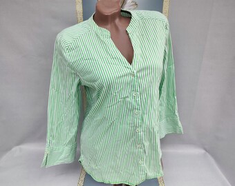 90s Women's Green Striped Long Sleeve Blouse. Sizes M-L.