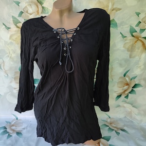90er Jahre Vintage Viskose Damen Top schwarz Binde Top Langarm. Grösse L.