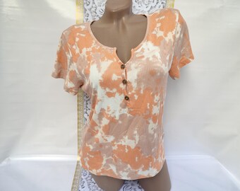 Top de manga corta acanalado con botones, estampado tie-dye naranja, estilo vintage de los 90 para mujer. Talla M-L.