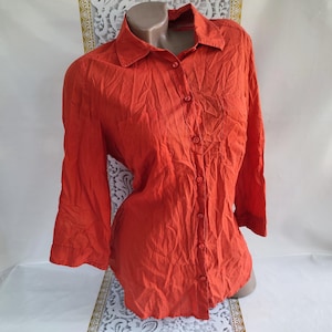90s Vintage Cotton Women&#39;s Orange Blouse/Shirt 3/4 Sleeve. Size L-XL.
