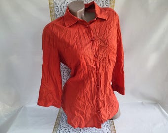 90s Vintage Cotton Women's Orange Blouse/Shirt 3/4 Sleeve. Size L-XL.