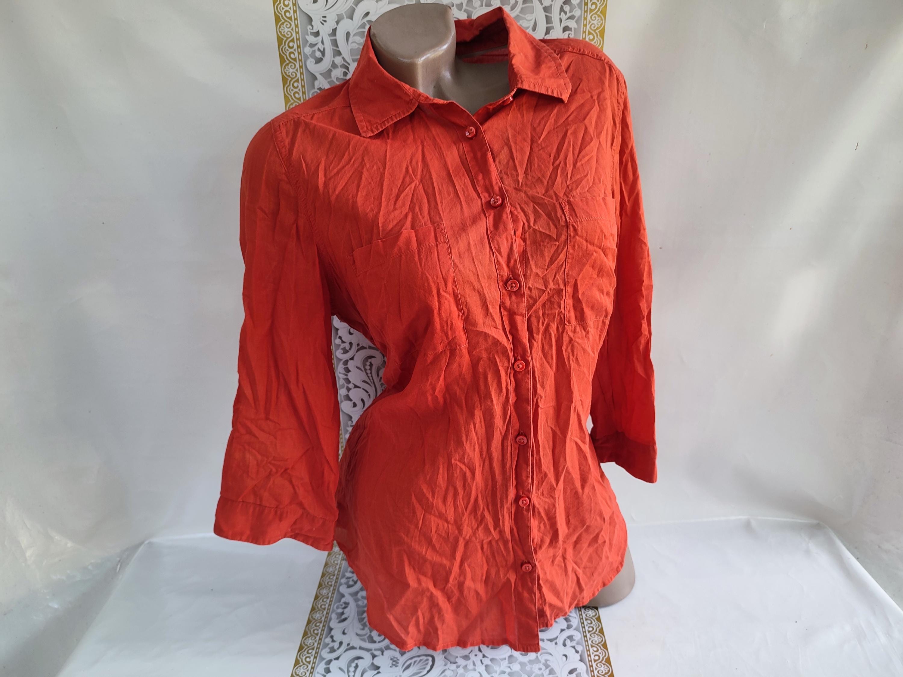 90s Vintage Cotton Women's Orange Blouse/Shirt 3/4 Sleeve. Size L-XL.