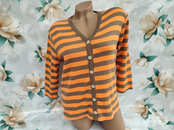Y2K Vintage Michele Boyard Women s Striped Orange Brown Short Sleeve Cardigan sweater Pullover Button Down. Size M L. Etsy Canada