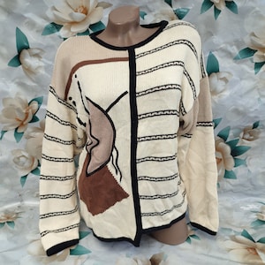 90s Vintage Silk+Cotton Women's Black Beige Striped Sweater/Jumper Long Sleeve. Size M-L.