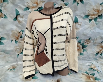 Maglione/maglione a righe beige e nere da donna, in seta e cotone, vintage anni '90, a maniche lunghe. Taglie M-L.
