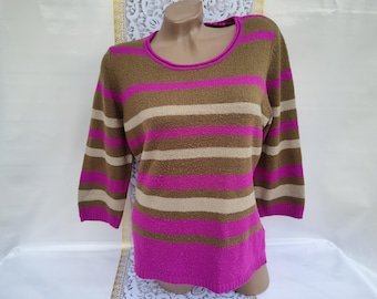 90s Vintage Women's Fuchsia Striped Sweater/Pullover Half Sleeve. Size M-L.