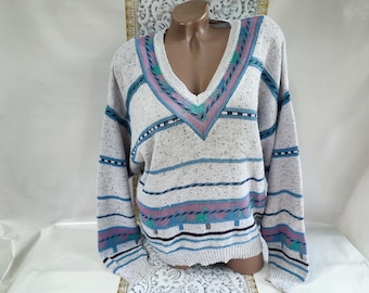 90s Vintage Cotton Gray Blue Striped Grandpa Sweater Oversized Long Sleeve. Size S-M.