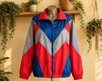 90s Vintage color block nylon women's/men's oversized windbreaker jacket with zipper. Size M-L.
