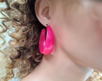 90s Bright Pink Hoop Earrings Retro.