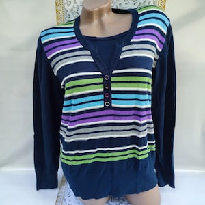 90s Viscose Vintage Women&#39;s Blue Multicolor Striped Sweater/Pullover Long Sleeve. Size M-L.