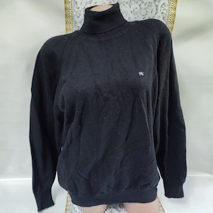 90s Vintage Magna Wool Women&#39;s Black Ribbed Turtleneck High Neck Long Sleeve. Size L-XL.