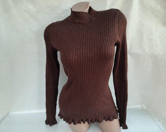 90s Vintage Womens Brown Shiny Turtleneck Ribbed Long Sleeve. Size XS-S.