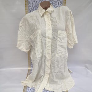 90s Vintage Silk Women&#39;s White Blouse/Shirt Oversized Short Sleeve. Size XL-2XL.