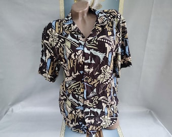 90er Jahre Viskose Damen Kurzarm Bluse Kurz Abstrakt. Größen M-L.