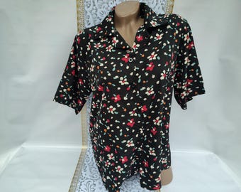 Jaren 90 vintage dames zwarte abstracte bloemen blouse/shirt korte mouw. Maat L-XL.