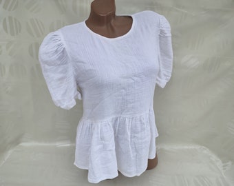 90s Vintage India Cotton Women White Boho Blouse/Top Short Sleeve. Size M-L.