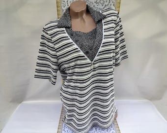 90s Vintage Cotton Women's Gray Striped Polo Shirt Short Sleeve. Size XL-2XL.