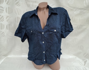 Chemisier court à pois vintage des années 90 : chemise bleu marine surdimensionnée (L-XL)